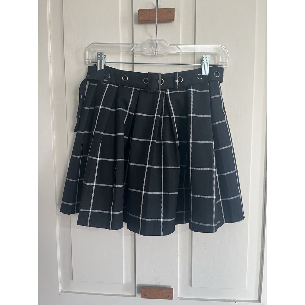 Hot Topic Black Pleated Plaid Belt Mini Skirt Size S Goth Punk Grunge Whimsygoth